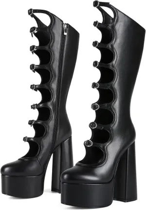 Oversized Women's Thick Heels and High Heels Gothic Buckle Waterproof Platform Nightclub Cool Boots