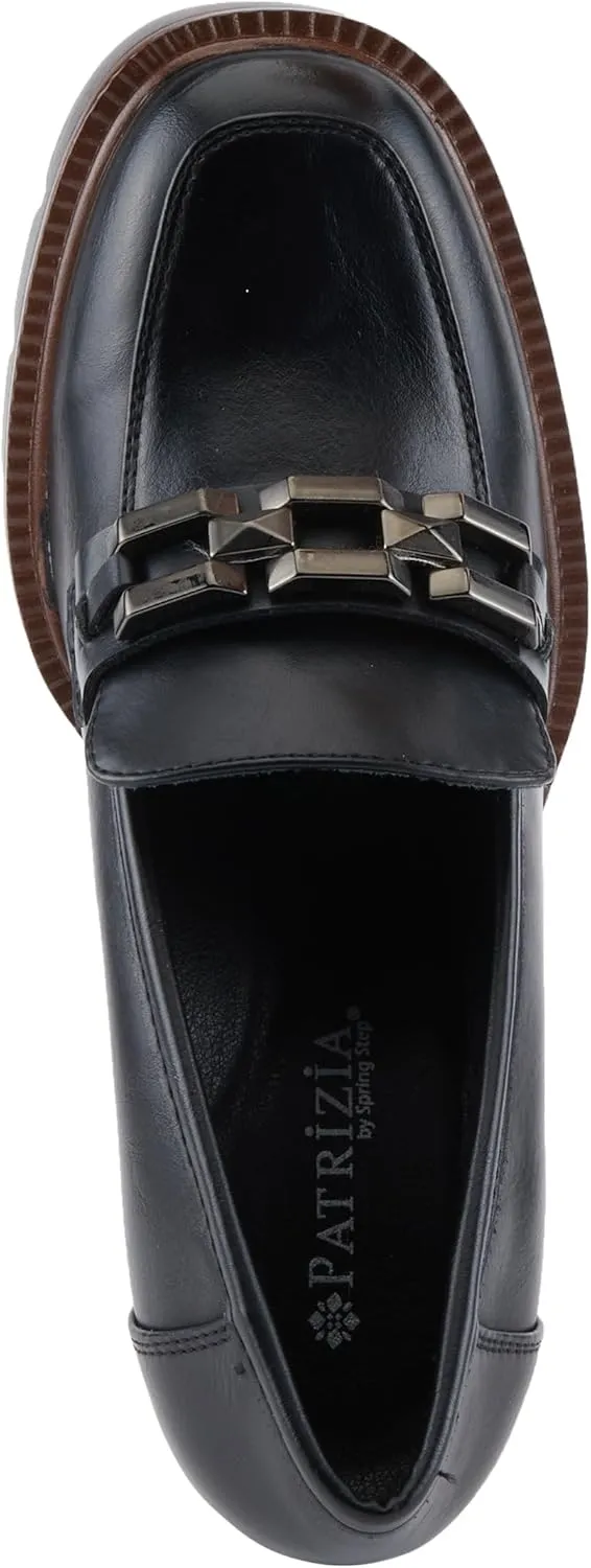 PATRIZIA Women's Dajah Inset Heel Loafers with Burnished Finish, Geometric Metal Detail, and Comfortable Fit