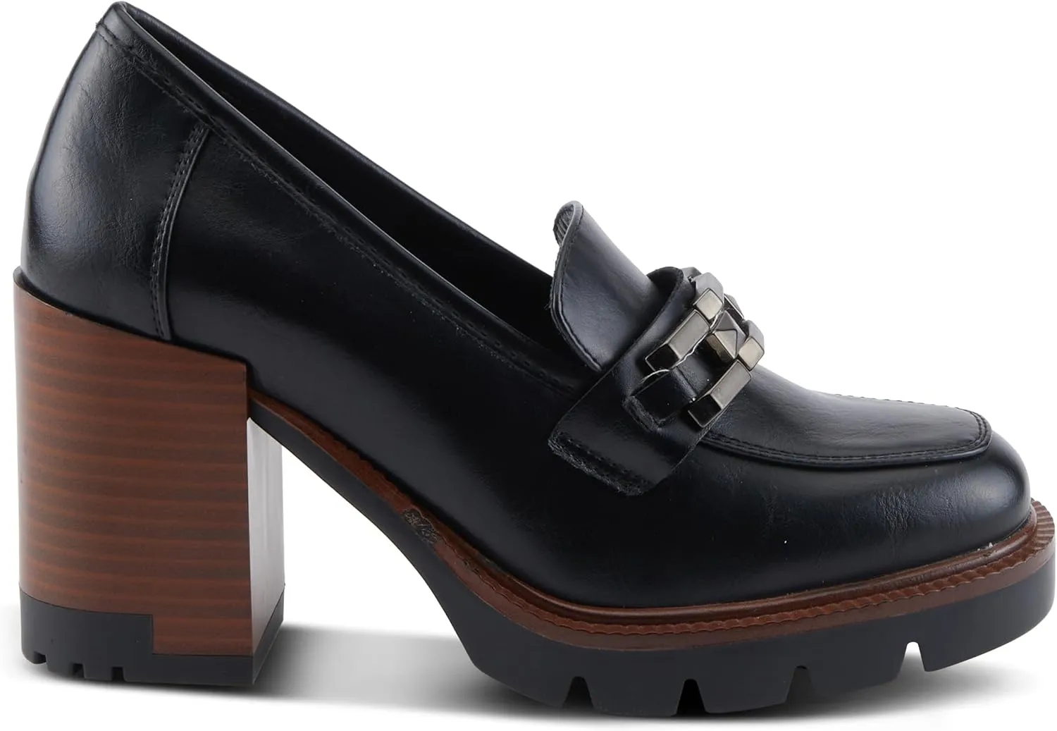 PATRIZIA Women's Dajah Inset Heel Loafers with Burnished Finish, Geometric Metal Detail, and Comfortable Fit