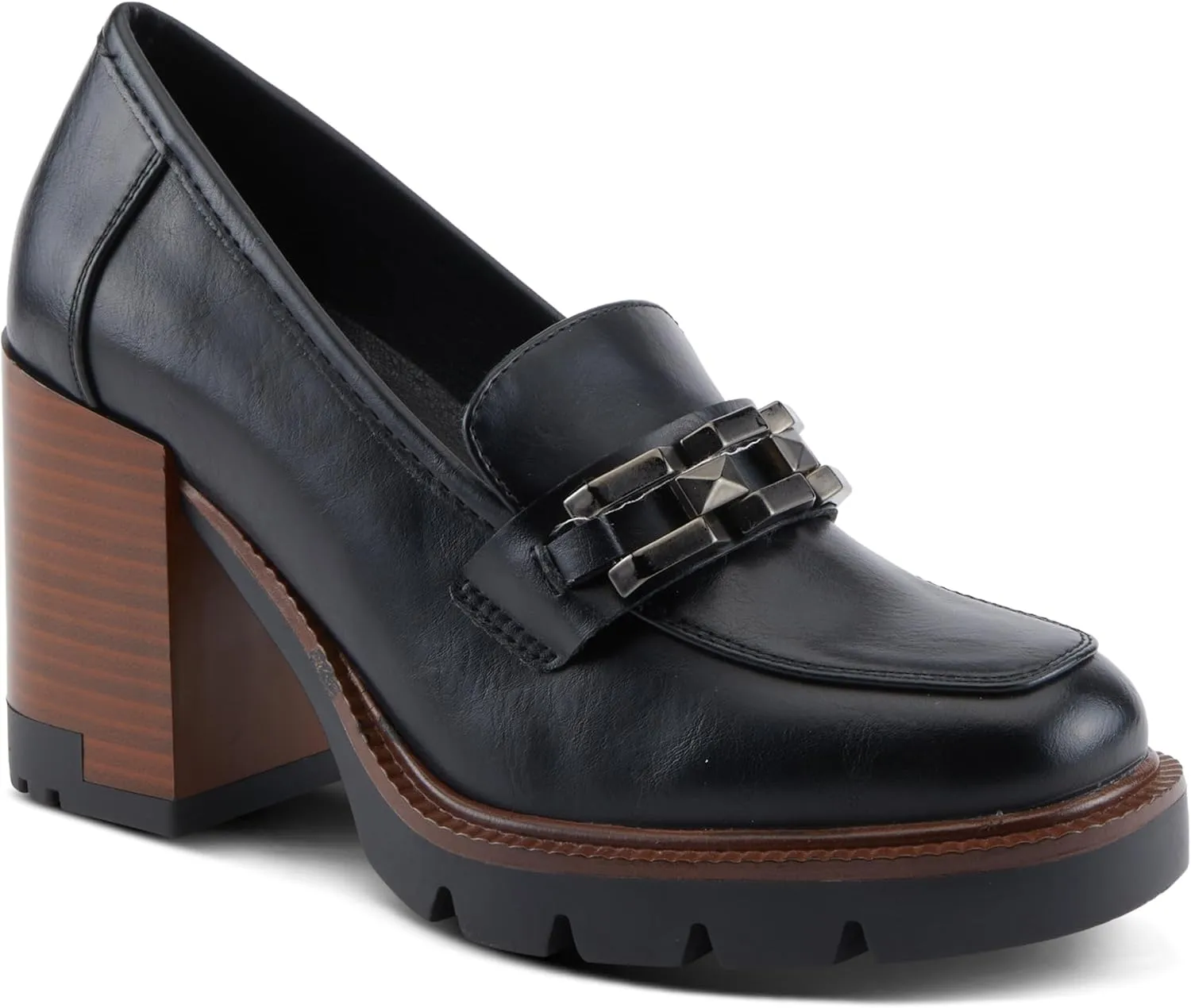 PATRIZIA Women's Dajah Inset Heel Loafers with Burnished Finish, Geometric Metal Detail, and Comfortable Fit