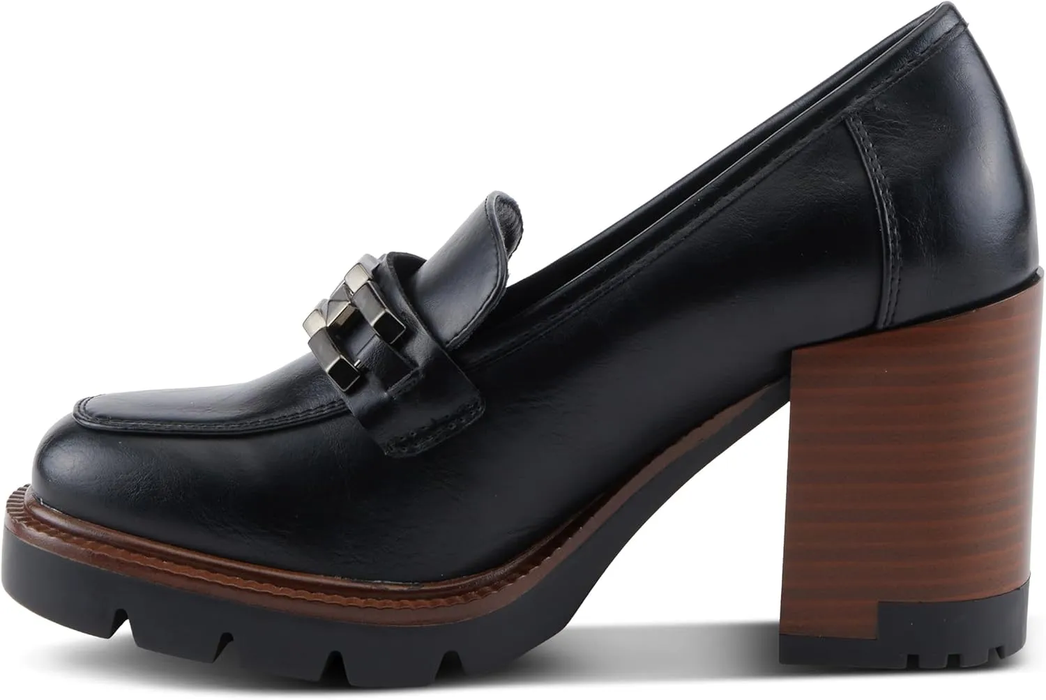 PATRIZIA Women's Dajah Inset Heel Loafers with Burnished Finish, Geometric Metal Detail, and Comfortable Fit