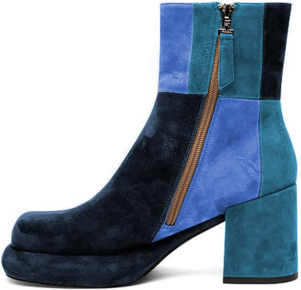 Pazzion Women Platform Closed Round Toe Ankle Booties Side Zippers Mid Block Heels Patchwork Short Boots Formal Working Office Shoes Size 4-16 US