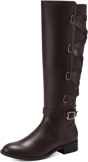 Pazzion Women Rounded Toe Low Thick Heel Knee High Boots Side Zip Crisscross Strappy Buckles Tall Booties Comfy Leisure Outdoor Shoes Size 4-16 US