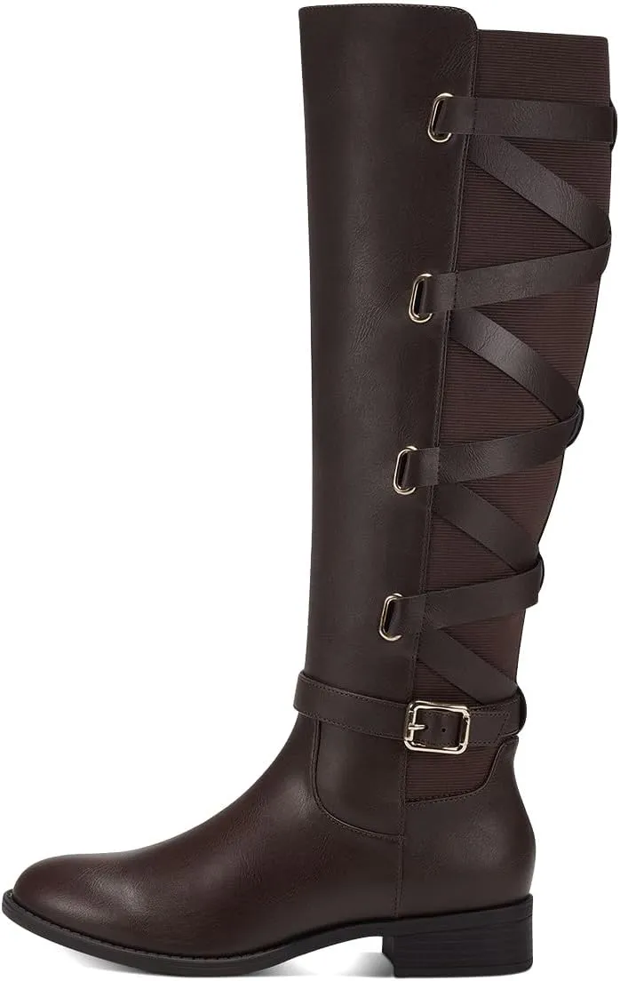 Pazzion Women Rounded Toe Low Thick Heel Knee High Boots Side Zip Crisscross Strappy Buckles Tall Booties Comfy Leisure Outdoor Shoes Size 4-16 US