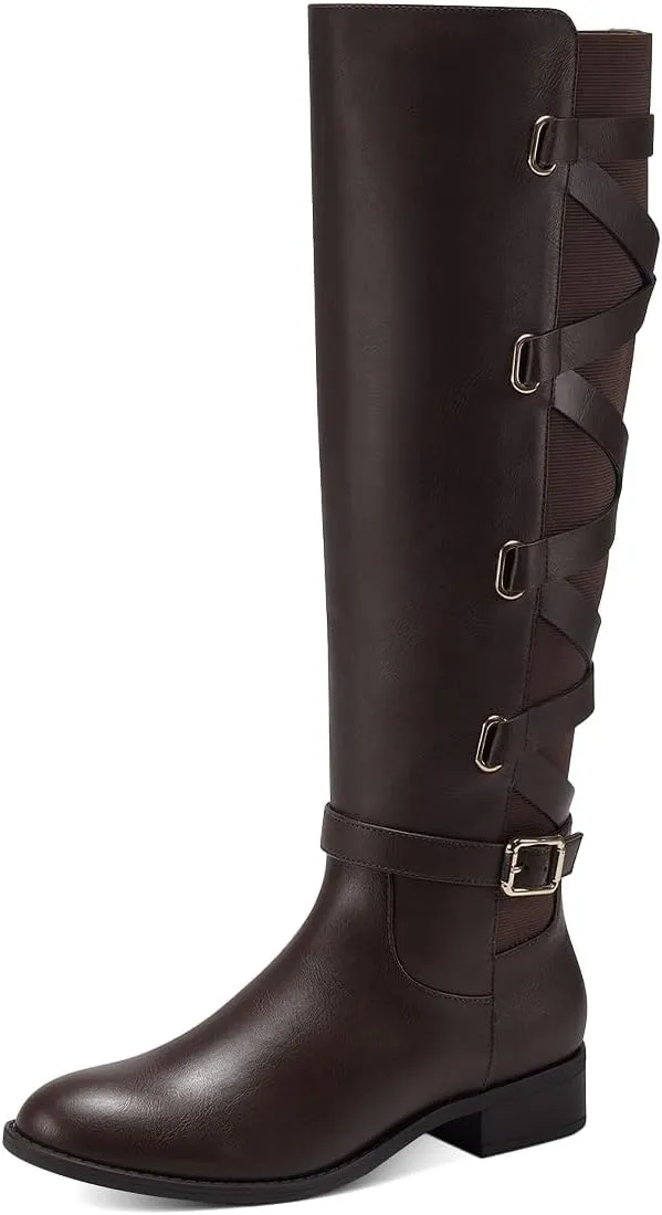 Pazzion Women Rounded Toe Low Thick Heel Knee High Boots Side Zip Crisscross Strappy Buckles Tall Booties Comfy Leisure Outdoor Shoes Size 4-16 US