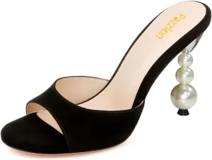 Pazzion Women's Trendy Open Round Toe Pearls Heels Sandals Stacked High Heel Slip On Mules Summer Leisure Prom Shoes Size 4-16 US