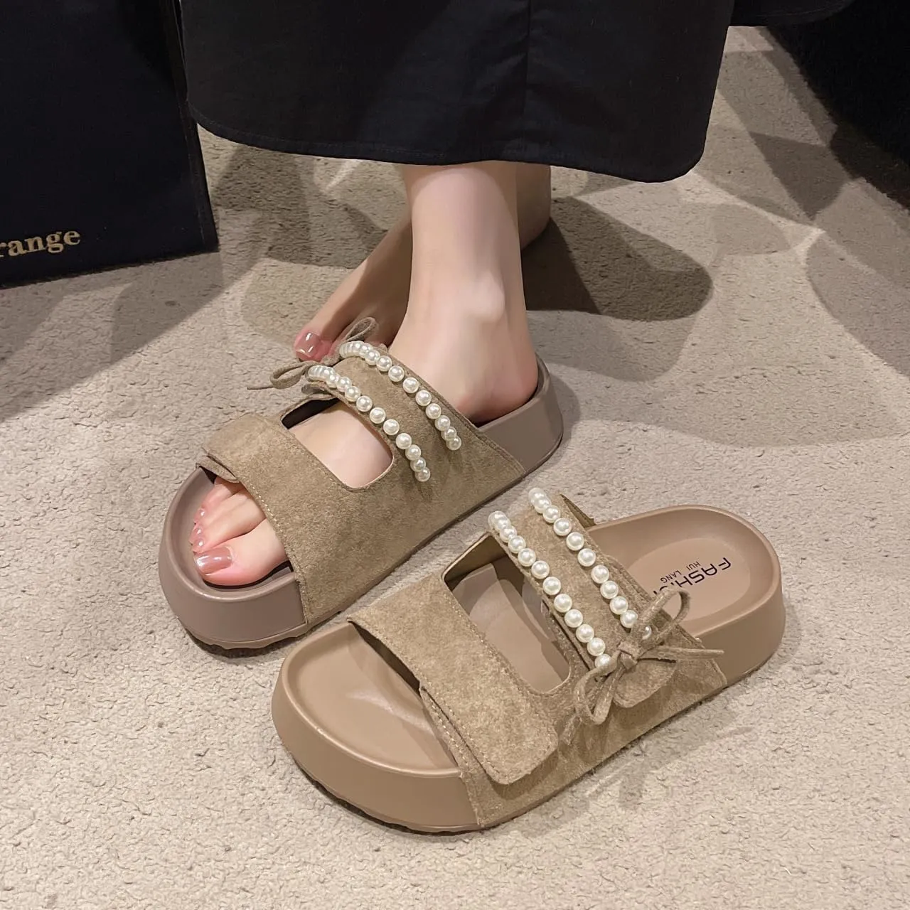 Pearl-Decorated Suede Slide Sandals, Bow Detail, Adjustable Strap