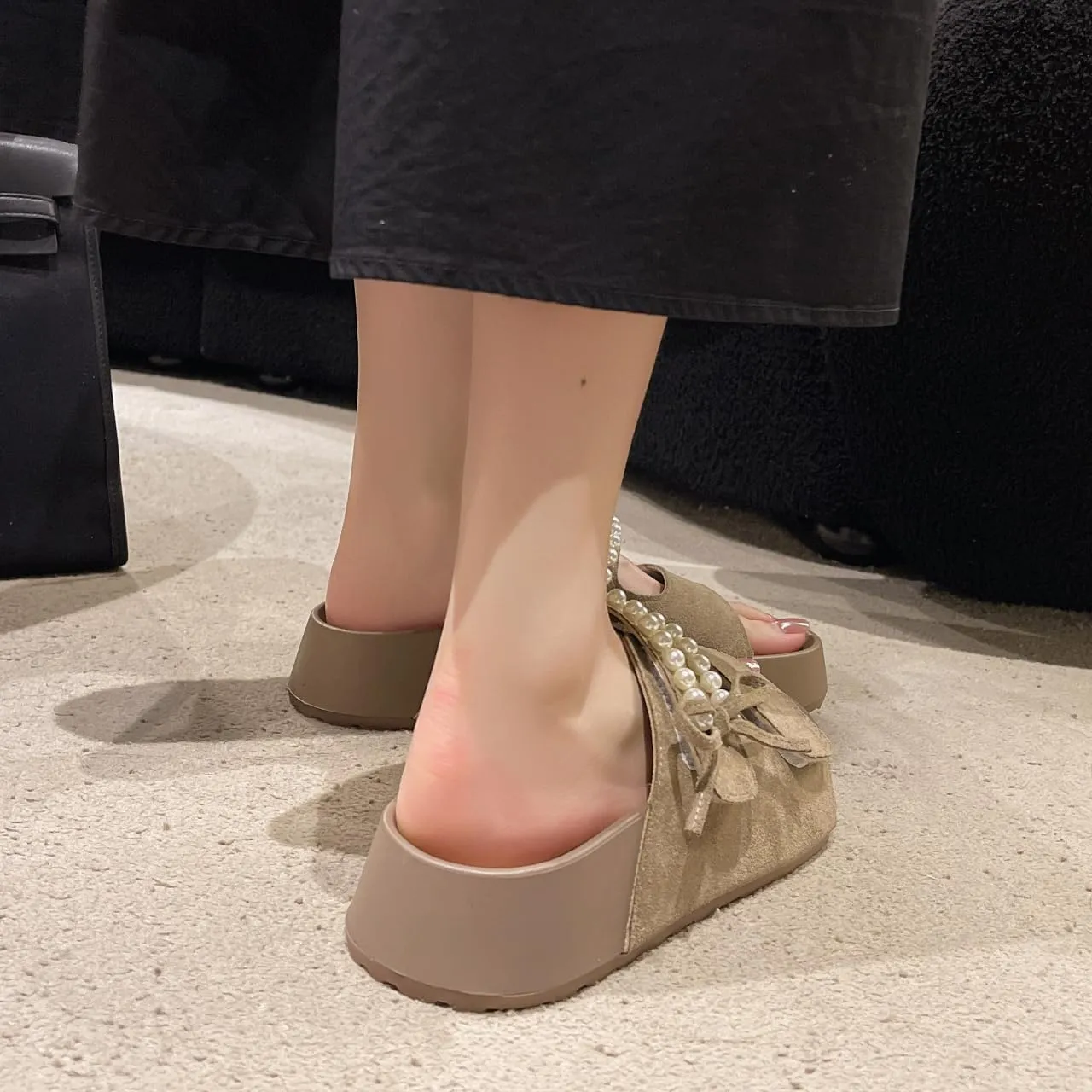 Pearl-Decorated Suede Slide Sandals, Bow Detail, Adjustable Strap