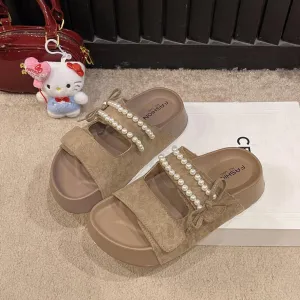 Pearl-Decorated Suede Slide Sandals, Bow Detail, Adjustable Strap