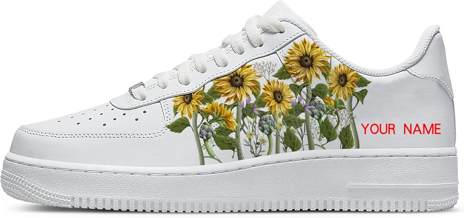 Personalized Sunflower Basketball Shoes - Custom Name Classic Lace Up Low-Top Fashion Sneakers for Men and Women, Breathable Anti-Slip Outdoor Training Shoes - Unique Floral Design