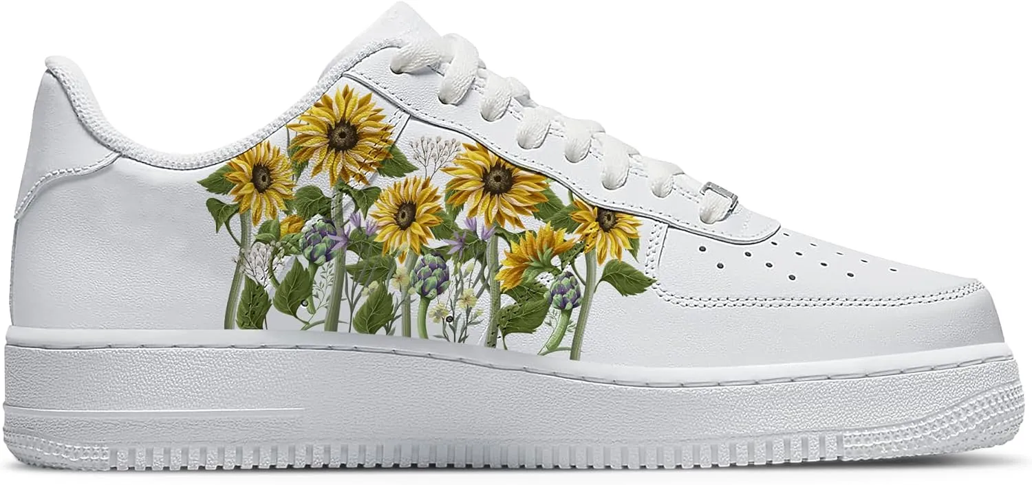 Personalized Sunflower Basketball Shoes - Custom Name Classic Lace Up Low-Top Fashion Sneakers for Men and Women, Breathable Anti-Slip Outdoor Training Shoes - Unique Floral Design