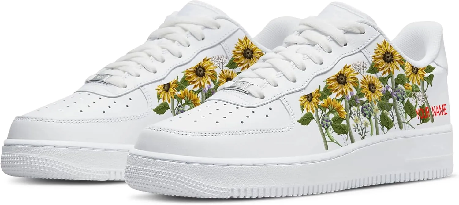 Personalized Sunflower Basketball Shoes - Custom Name Classic Lace Up Low-Top Fashion Sneakers for Men and Women, Breathable Anti-Slip Outdoor Training Shoes - Unique Floral Design