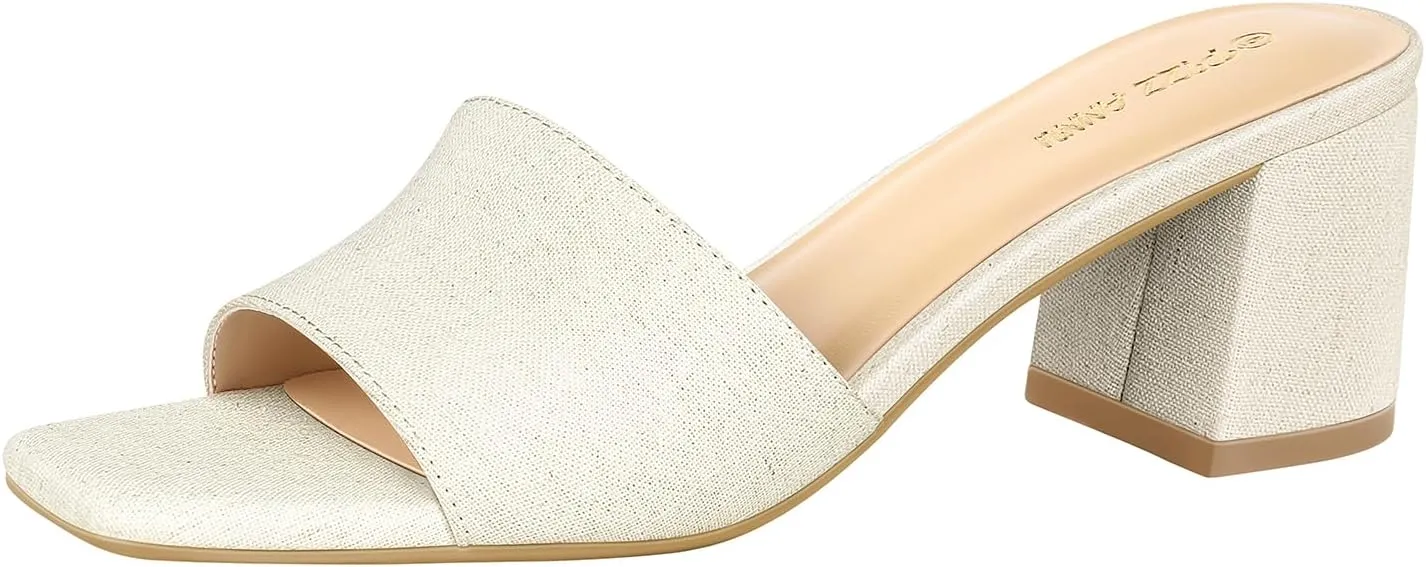 PIZZ ANNU Women's Simone Heels Sandals Low Block Chunky Heeled Sandal Open Toe Slip on Mules Comfortable Casual Dress Pumps Shoes, Linen 7