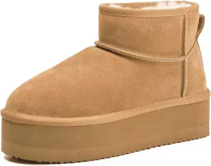 Platform Mini Boots For Women - Genuine Suede Fuzzy Winter Pull-on With Wool Lining - Women's Snow Ankle Fur Boot