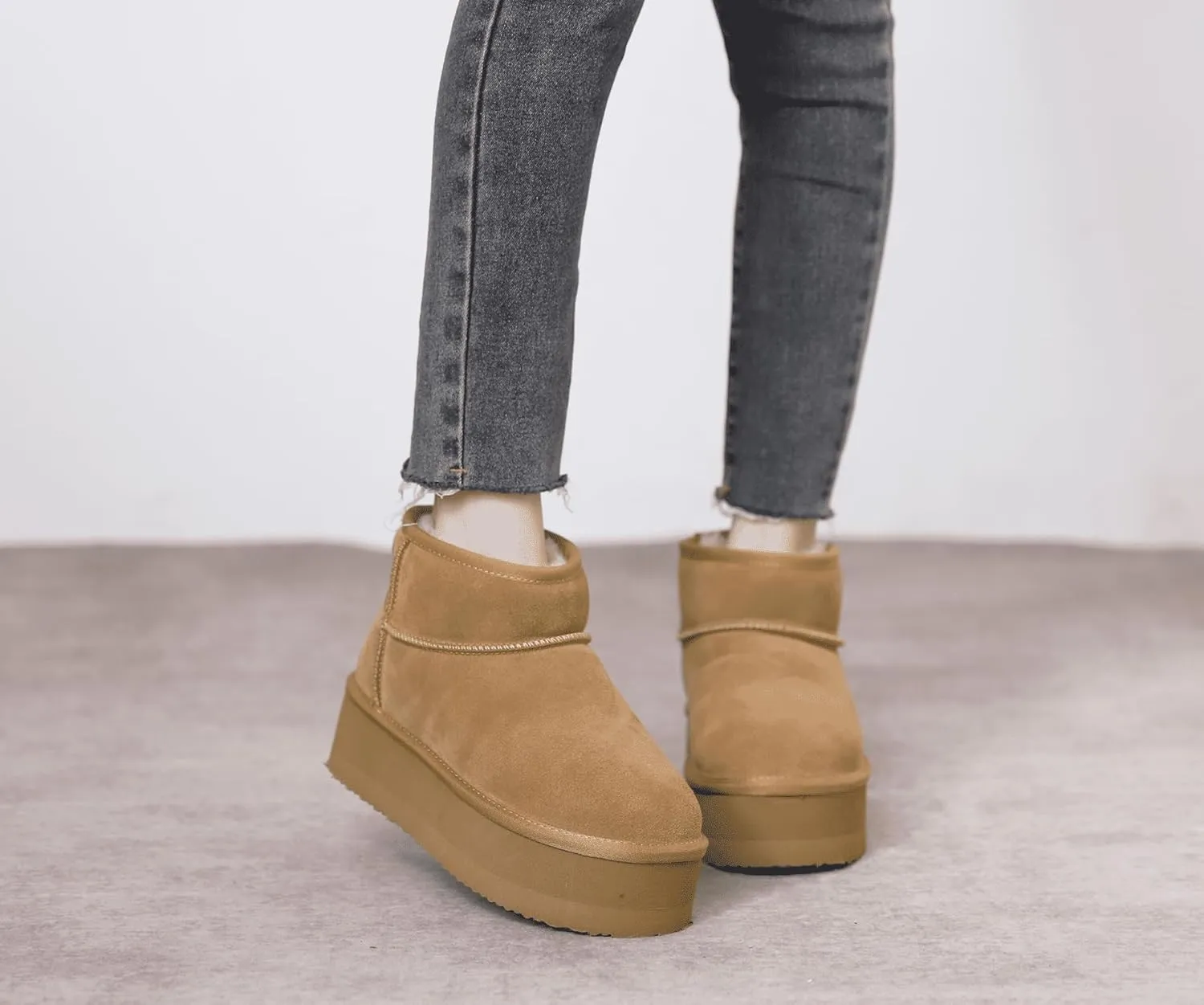 Platform Mini Boots For Women - Genuine Suede Fuzzy Winter Pull-on With Wool Lining - Women's Snow Ankle Fur Boot
