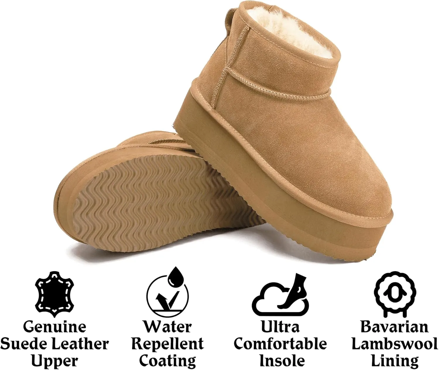 Platform Mini Boots For Women - Genuine Suede Fuzzy Winter Pull-on With Wool Lining - Women's Snow Ankle Fur Boot