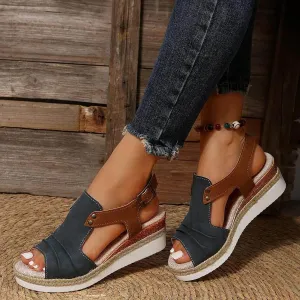 Platform Wedge Sandals for Women Open Toe Ankle Strap Orthopedic Sandals Casual Strappy Low Wedges Sandals Summer Dress 2023 Beach Sandals Dress Shoes Comfortable Outdoor Shoes (Navy-c, 8.5)