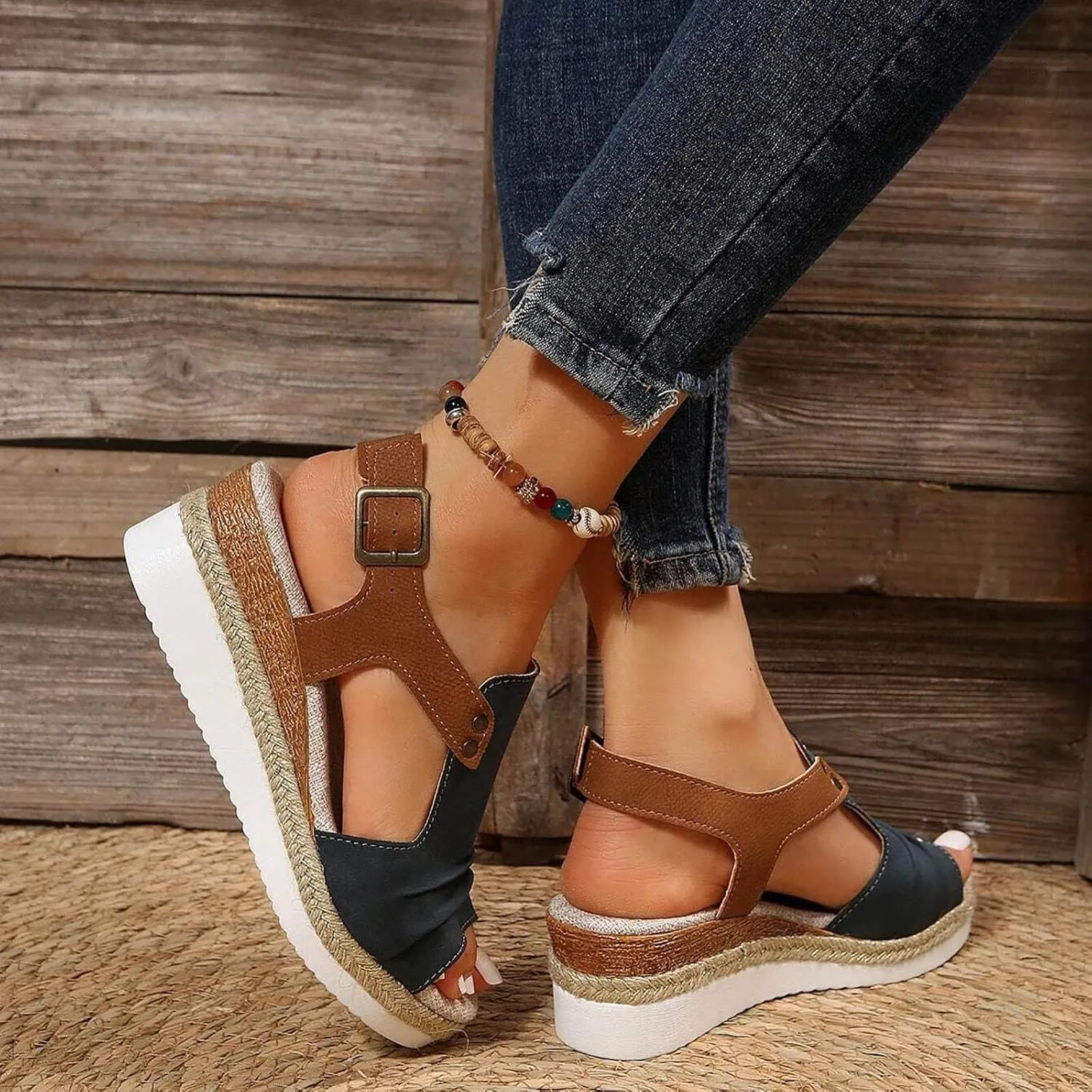 Platform Wedge Sandals for Women Open Toe Ankle Strap Orthopedic Sandals Casual Strappy Low Wedges Sandals Summer Dress 2023 Beach Sandals Dress Shoes Comfortable Outdoor Shoes (Navy-c, 8.5)