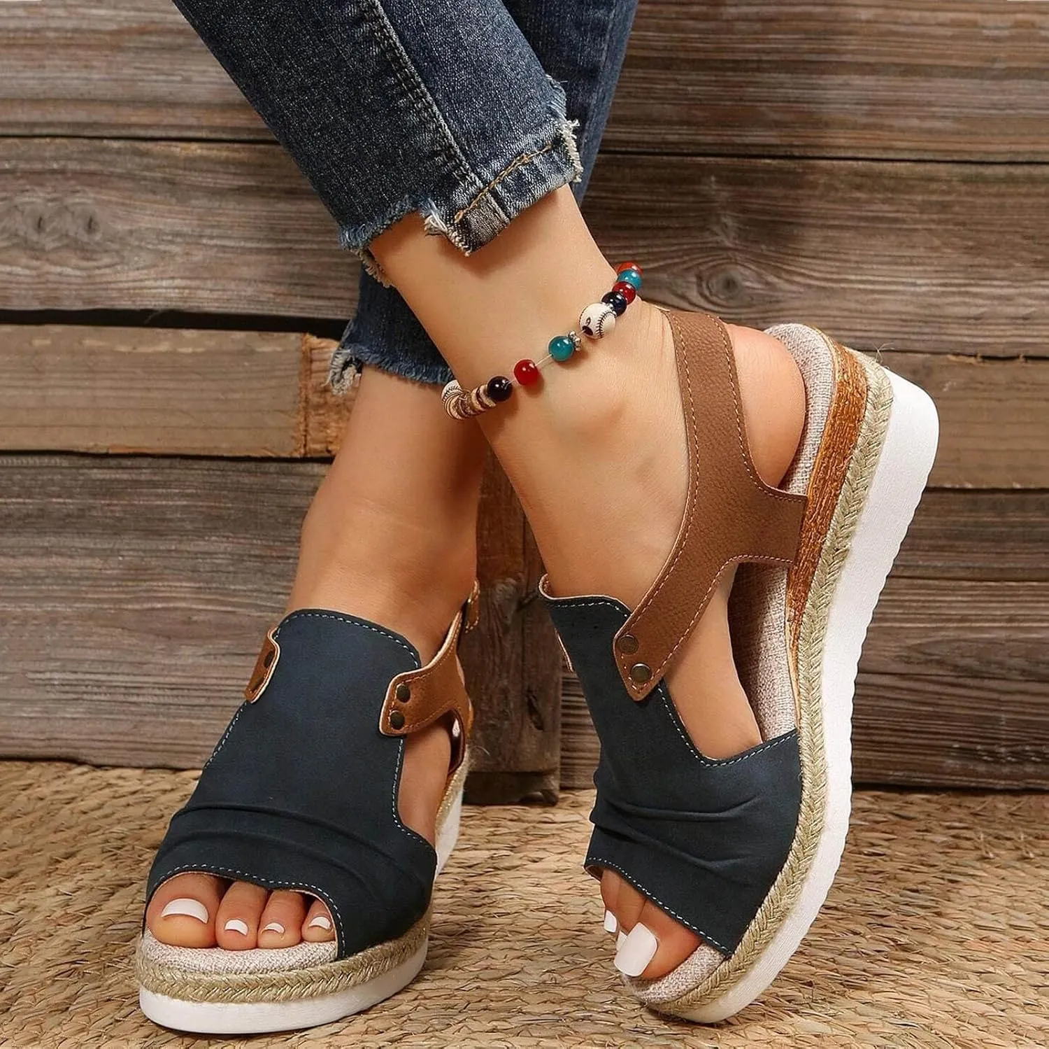Platform Wedge Sandals for Women Open Toe Ankle Strap Orthopedic Sandals Casual Strappy Low Wedges Sandals Summer Dress 2023 Beach Sandals Dress Shoes Comfortable Outdoor Shoes (Navy-c, 8.5)