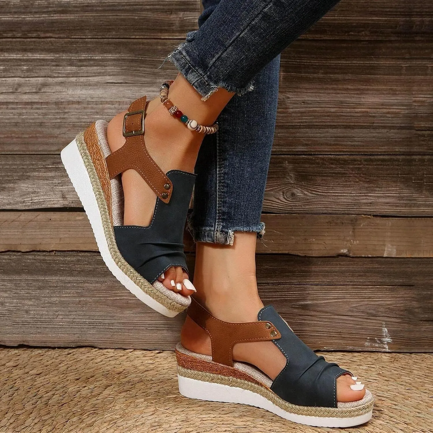 Platform Wedge Sandals for Women Open Toe Ankle Strap Orthopedic Sandals Casual Strappy Low Wedges Sandals Summer Dress 2023 Beach Sandals Dress Shoes Comfortable Outdoor Shoes (Navy-c, 8.5)