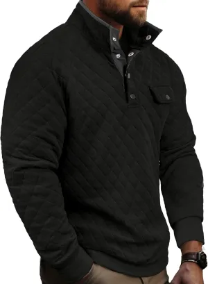 PLEPAN Mens Quilted Sweatshirt Long Sleeve Casual Stand Collar 1/4 Button Pullover Sweatshirts for Men