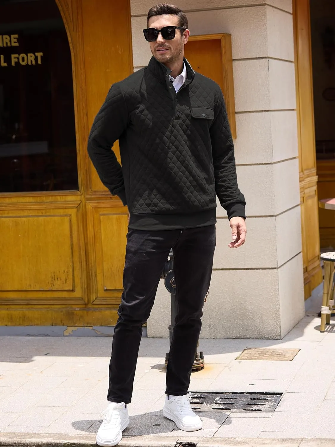 PLEPAN Mens Quilted Sweatshirt Long Sleeve Casual Stand Collar 1/4 Button Pullover Sweatshirts for Men