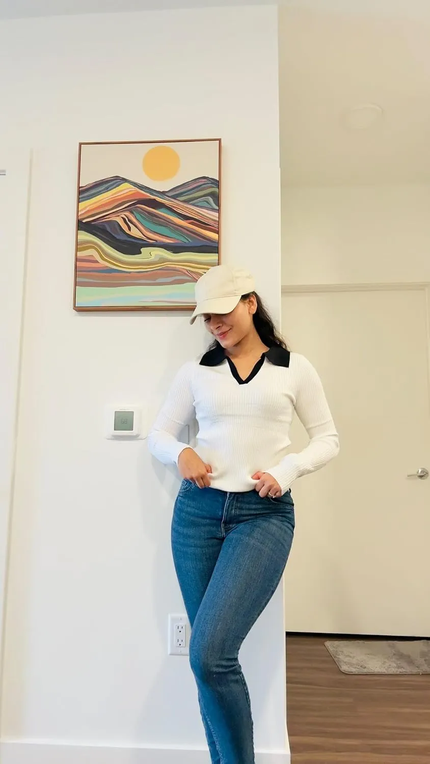 Poetsky Women's Long Sleeve V Neck Shirts 2024 Fall Ribbed Knit Sweater Slim Fit Basic Casual Tee Tops