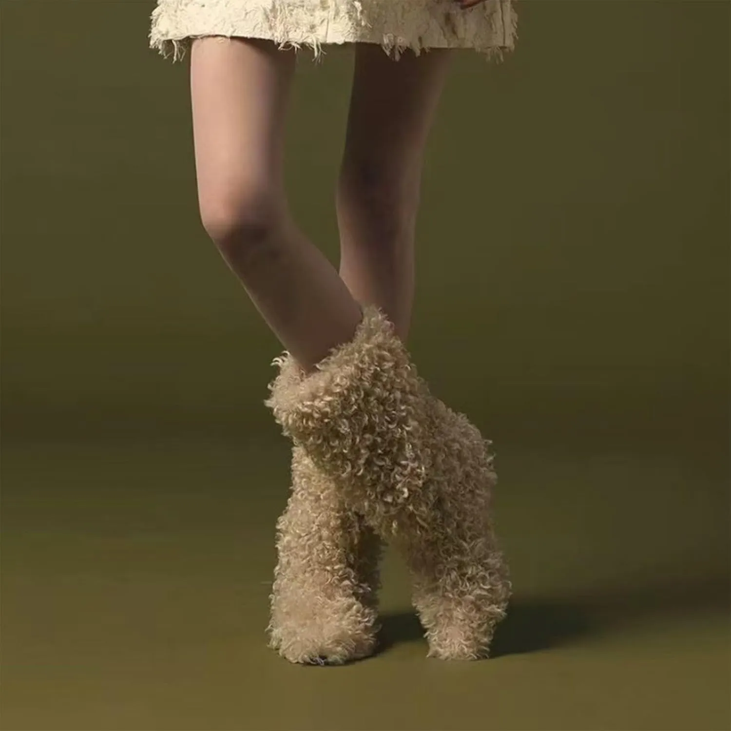 Pointed Thick Heel Fur Boots,Sleeve Casual Snow Boots,Pigskin Lining,Tendon Sole,PU Boot Shaft,Suitable for All Occasions Wool Boots
