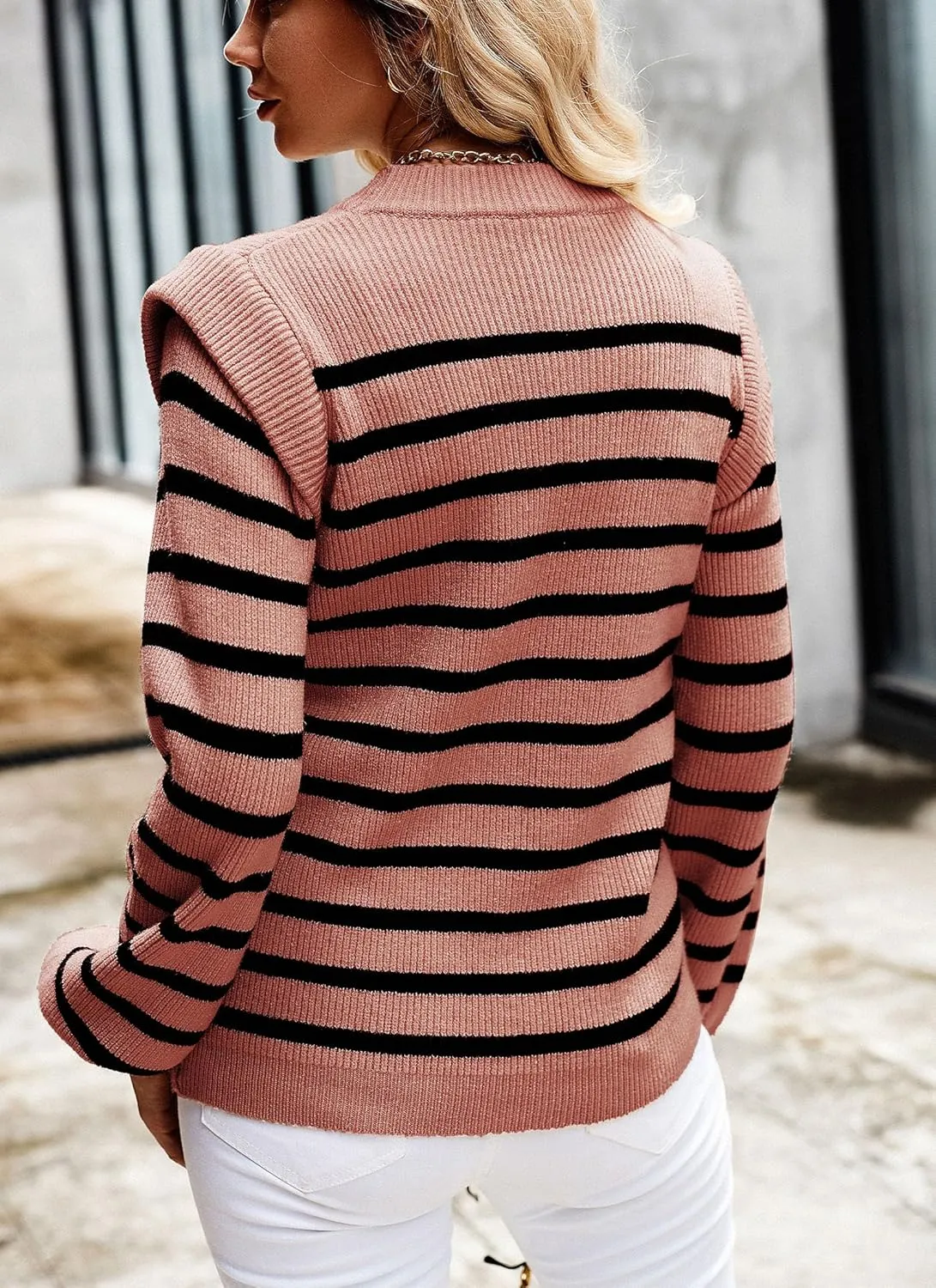 PRETTYGARDEN Women's Sweaters Casual Long Lantern Sleeve Crewneck Ribbed Knit Pullover Striped Jumper Tops Blouse