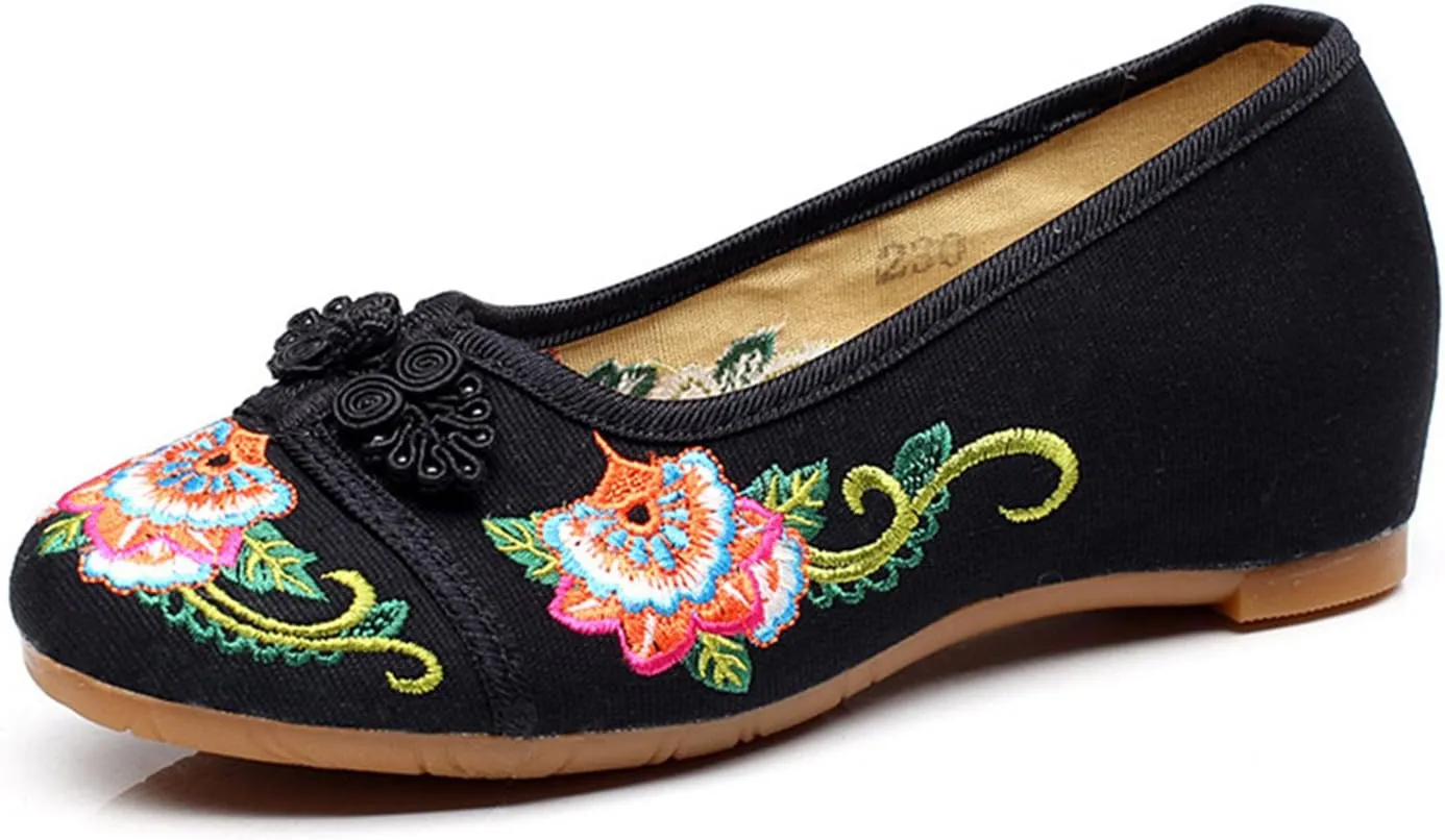 Qhome Women's Floral Embroidery Comfortable Casual Walking Canvas Loafers Espadrilles Wedge Shoe
