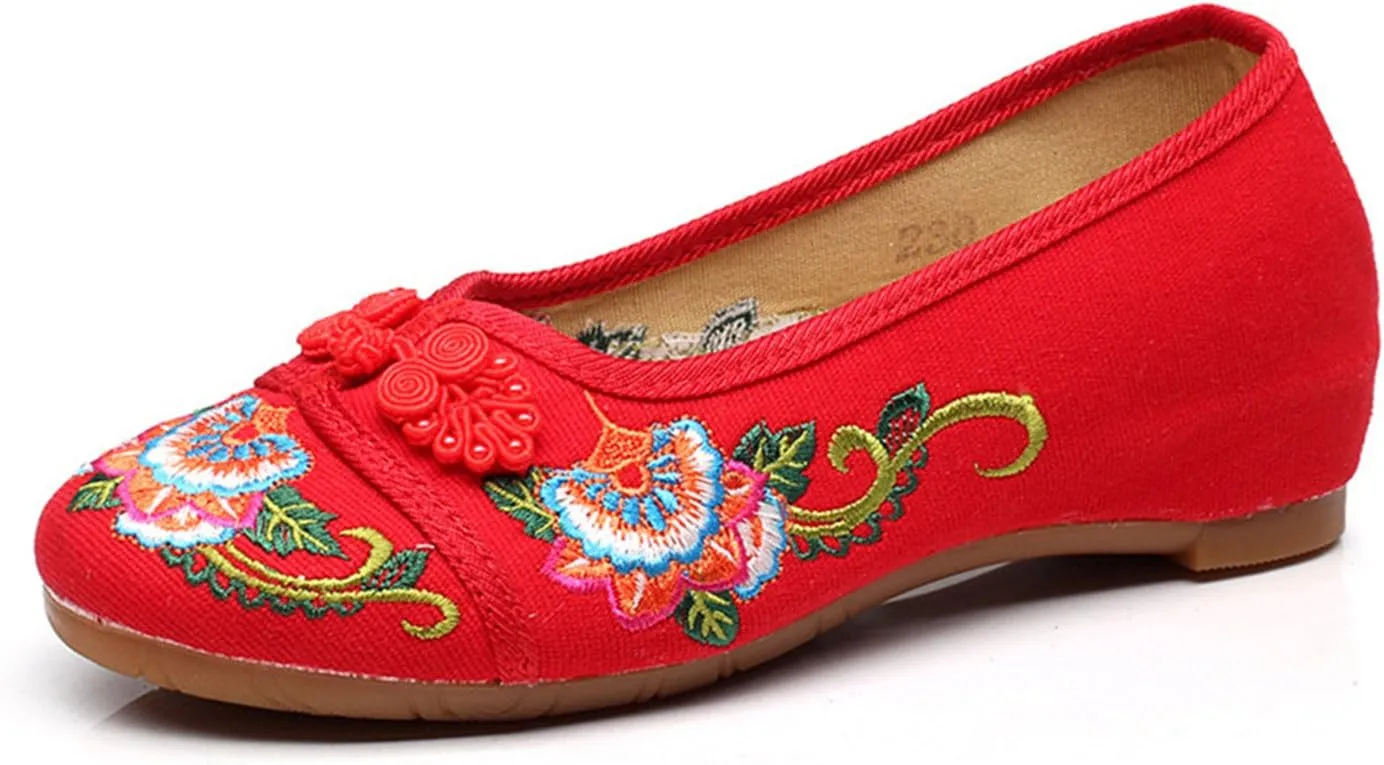 Qhome Women's Floral Embroidery Comfortable Casual Walking Canvas Loafers Espadrilles Wedge Shoe