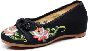Qhome Women's Floral Embroidery Comfortable Casual Walking Canvas Loafers Espadrilles Wedge Shoe