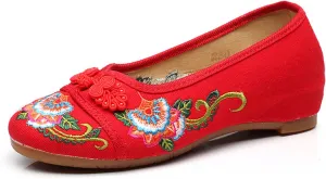 Qhome Women's Floral Embroidery Comfortable Casual Walking Canvas Loafers Espadrilles Wedge Shoe