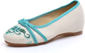 Qhome Women's Floral Embroidery Comfortable Casual Walking Canvas Loafers Espadrilles Wedge Shoes