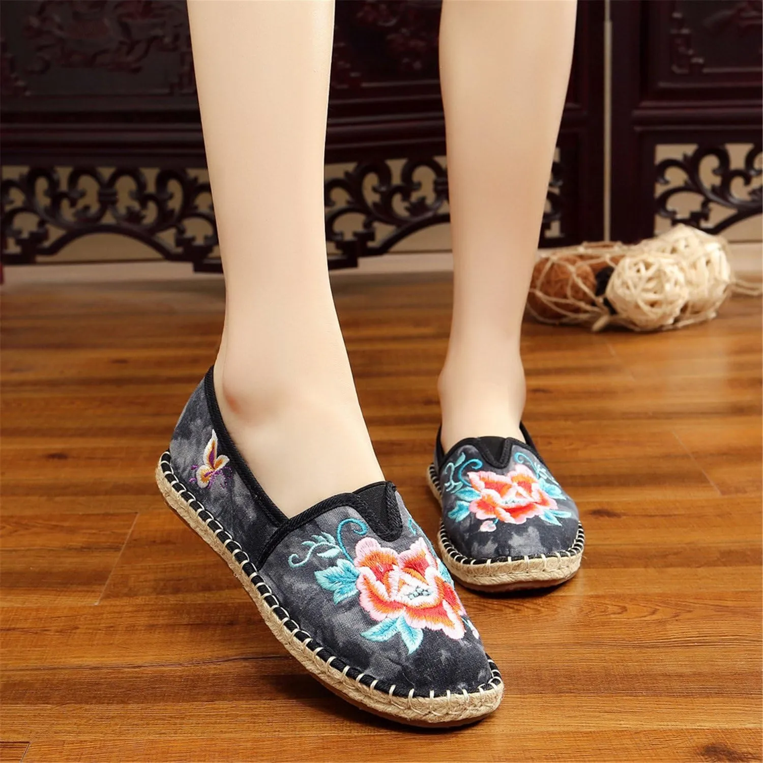 Qhome Women's Floral Embroidery Tie-dye Linen Comfortable Casual Walking Canvas Loafers Espadrilles Shoes
