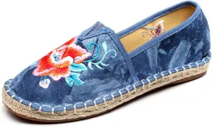 Qhome Women's Floral Embroidery Tie-dye Linen Comfortable Casual Walking Canvas Loafers Espadrilles Shoes