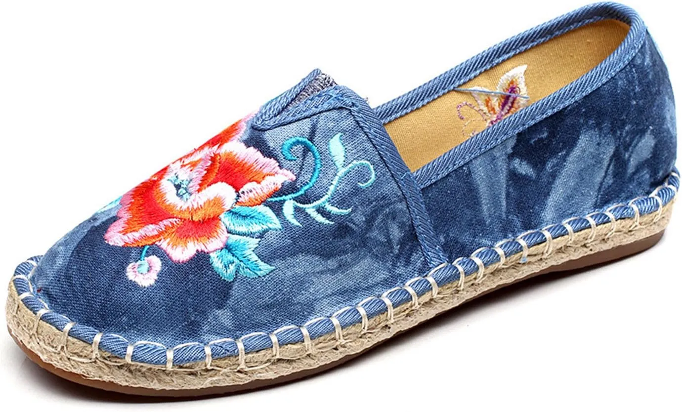 Qhome Women's Floral Embroidery Tie-dye Linen Comfortable Casual Walking Canvas Loafers Espadrilles Shoes