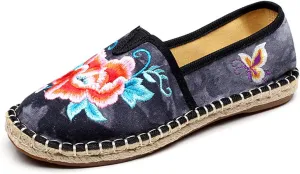 Qhome Women's Floral Embroidery Tie-dye Linen Comfortable Casual Walking Canvas Loafers Espadrilles Shoes