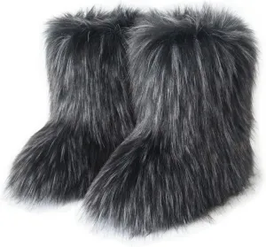 QMFUR Women's Furry Faux Fur Boots Fuzzy Fluffy Mid Calf Snow Boots Suede Warm Fur Lined Booties Flat Fashion Boots