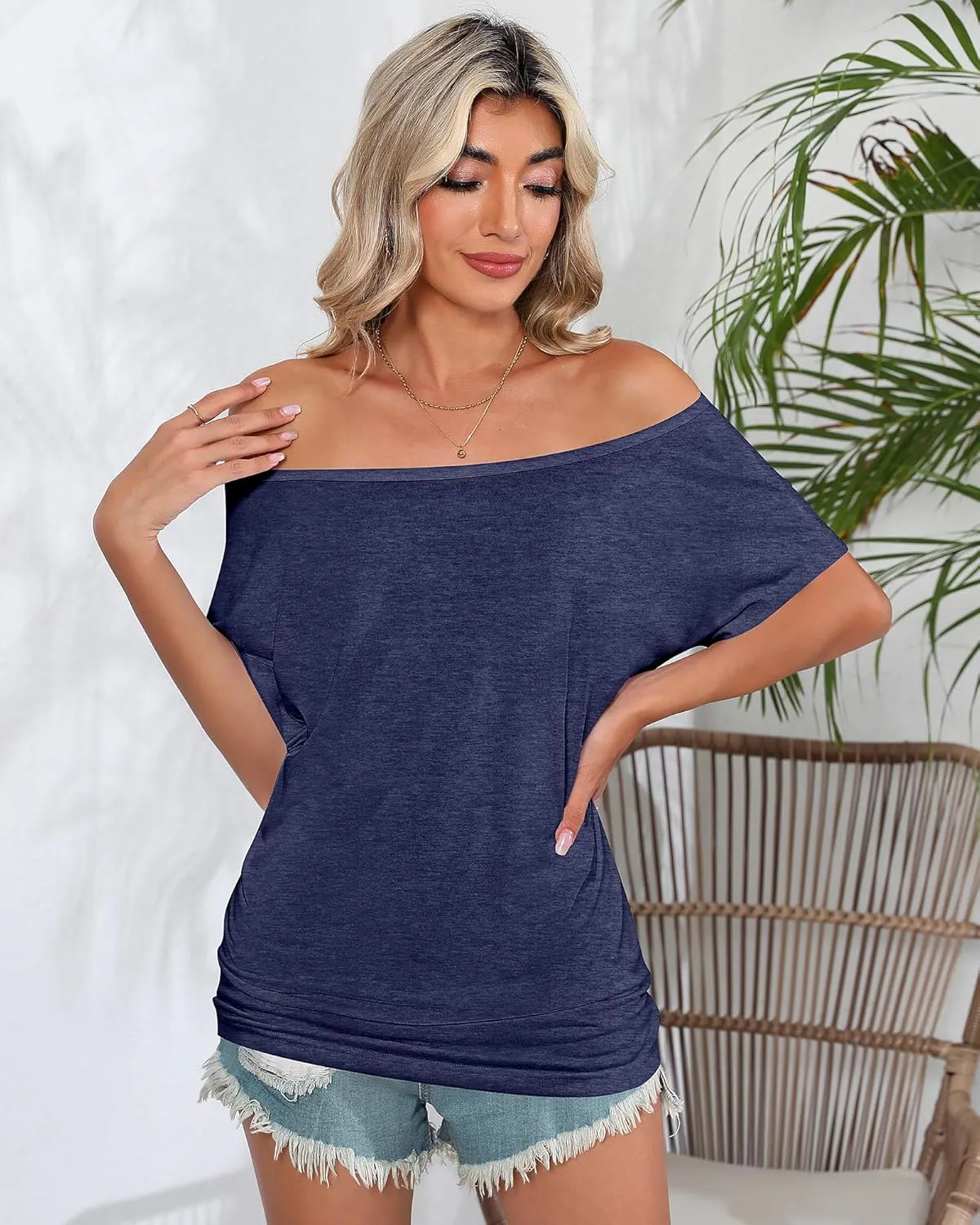Riyiper 3 Pack Women's Off The Shoulder Shirts, Loose Fit Flowy Tops Short Sleeve Casual Summer Tshirt Athletic Workout Tunic
