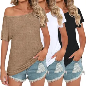 Riyiper 3 Pack Women's Off The Shoulder Shirts, Loose Fit Flowy Tops Short Sleeve Casual Summer Tshirt Athletic Workout Tunic