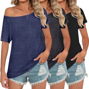 Riyiper 3 Pack Women's Off The Shoulder Shirts, Loose Fit Flowy Tops Short Sleeve Casual Summer Tshirt Athletic Workout Tunic