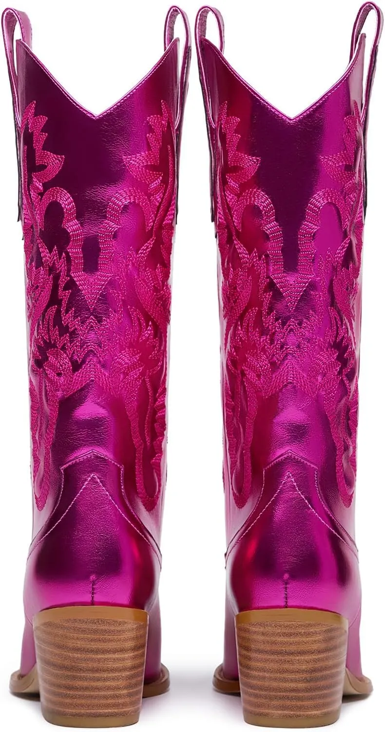 RKQ Women's Sparkle Metallic Mid Calf Cowboy Boots Glitter Wide-calf Embroidered Cowgirl Boots Western Booties Pointed Toe Chunky Block Heel Pull On Tabs classic sexy party Boots