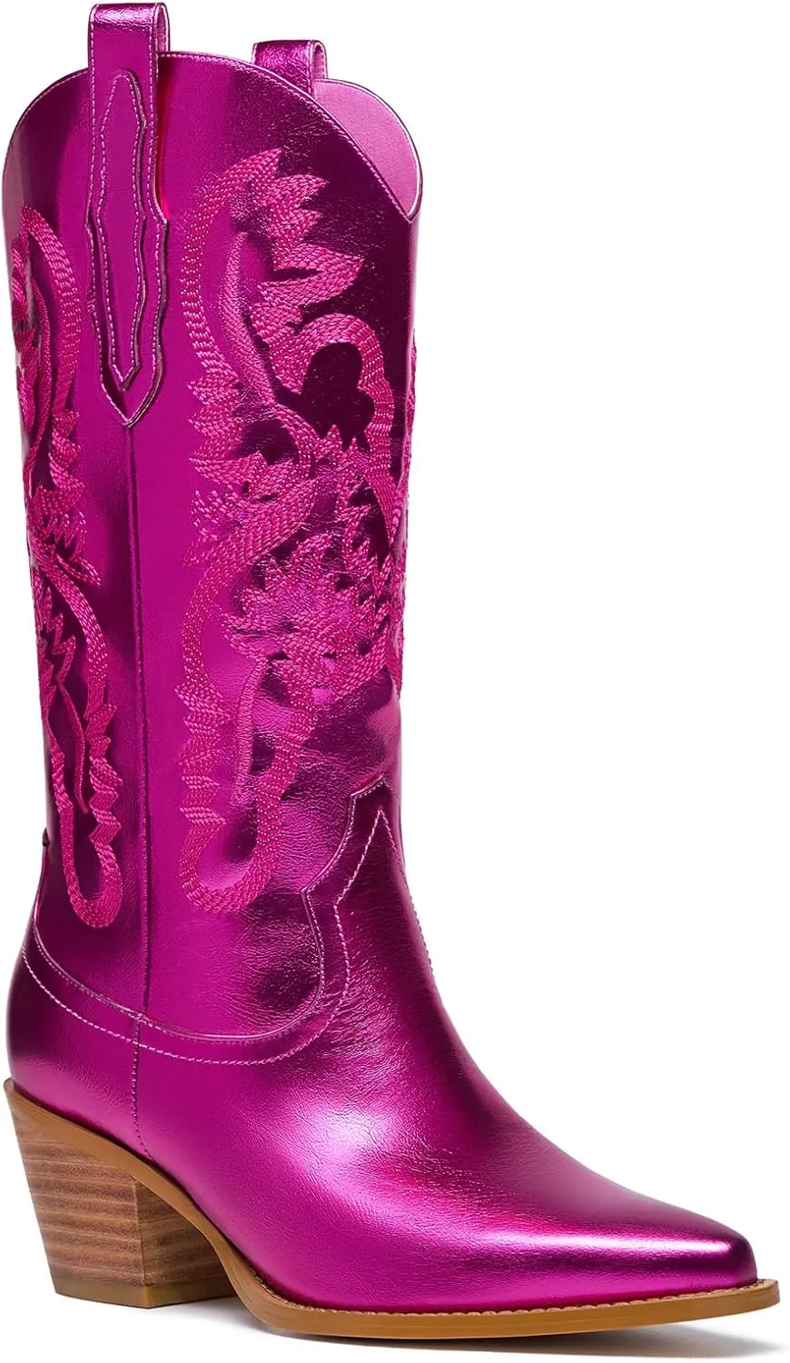RKQ Women's Sparkle Metallic Mid Calf Cowboy Boots Glitter Wide-calf Embroidered Cowgirl Boots Western Booties Pointed Toe Chunky Block Heel Pull On Tabs classic sexy party Boots