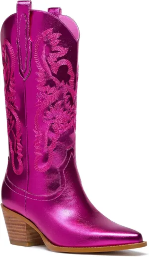 RKQ Women's Sparkle Metallic Mid Calf Cowboy Boots Glitter Wide-calf Embroidered Cowgirl Boots Western Booties Pointed Toe Chunky Block Heel Pull On Tabs classic sexy party Boots