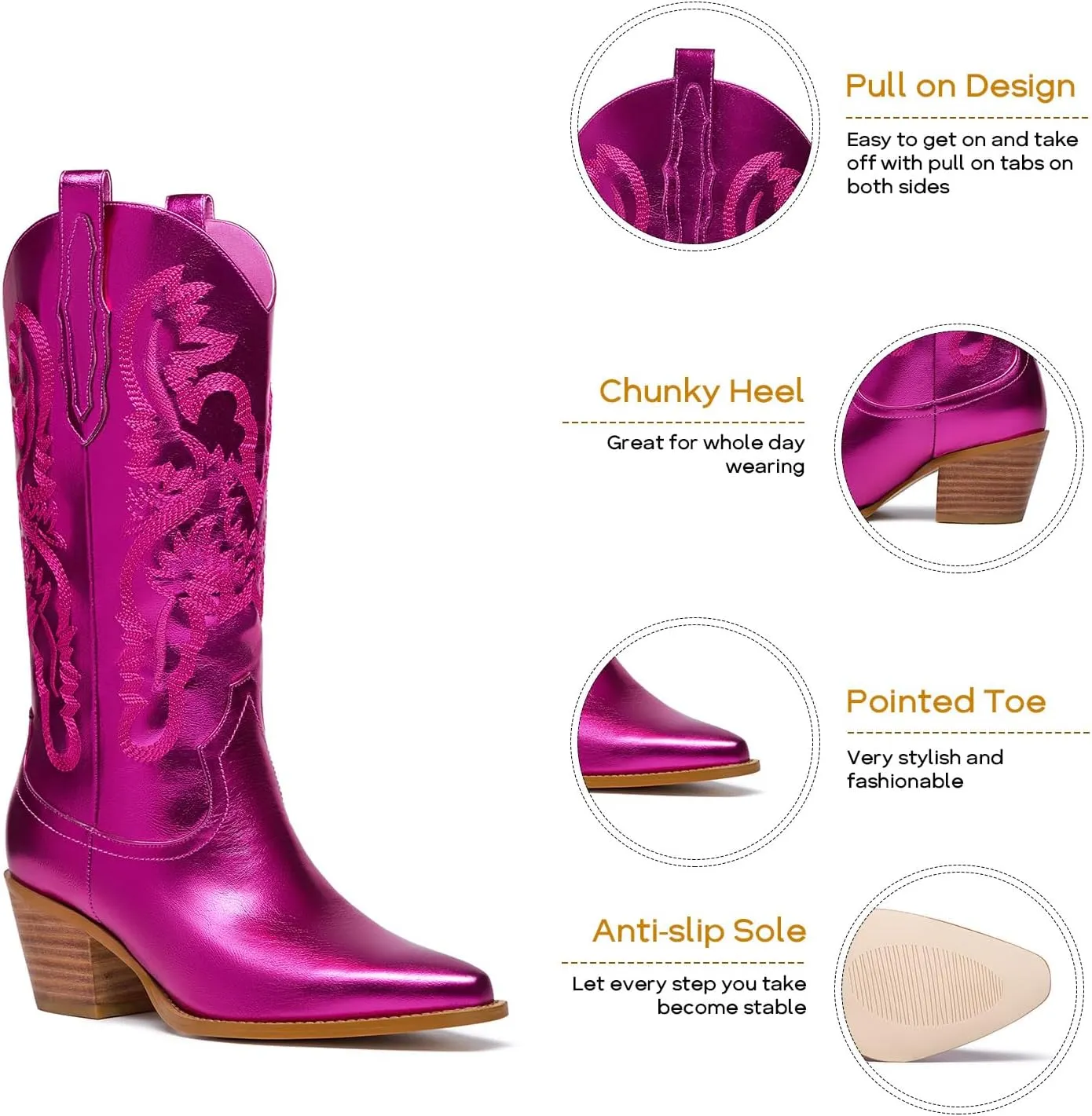 RKQ Women's Sparkle Metallic Mid Calf Cowboy Boots Glitter Wide-calf Embroidered Cowgirl Boots Western Booties Pointed Toe Chunky Block Heel Pull On Tabs classic sexy party Boots