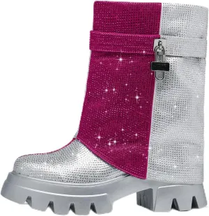 RKQ Zebra platform combat boots for women Low Chunky Heel Adjustable Lace-Up Vamp Inside Zipper Mid Calf Boots Fashion Party Daily Wear leisure Lug Sole Boots