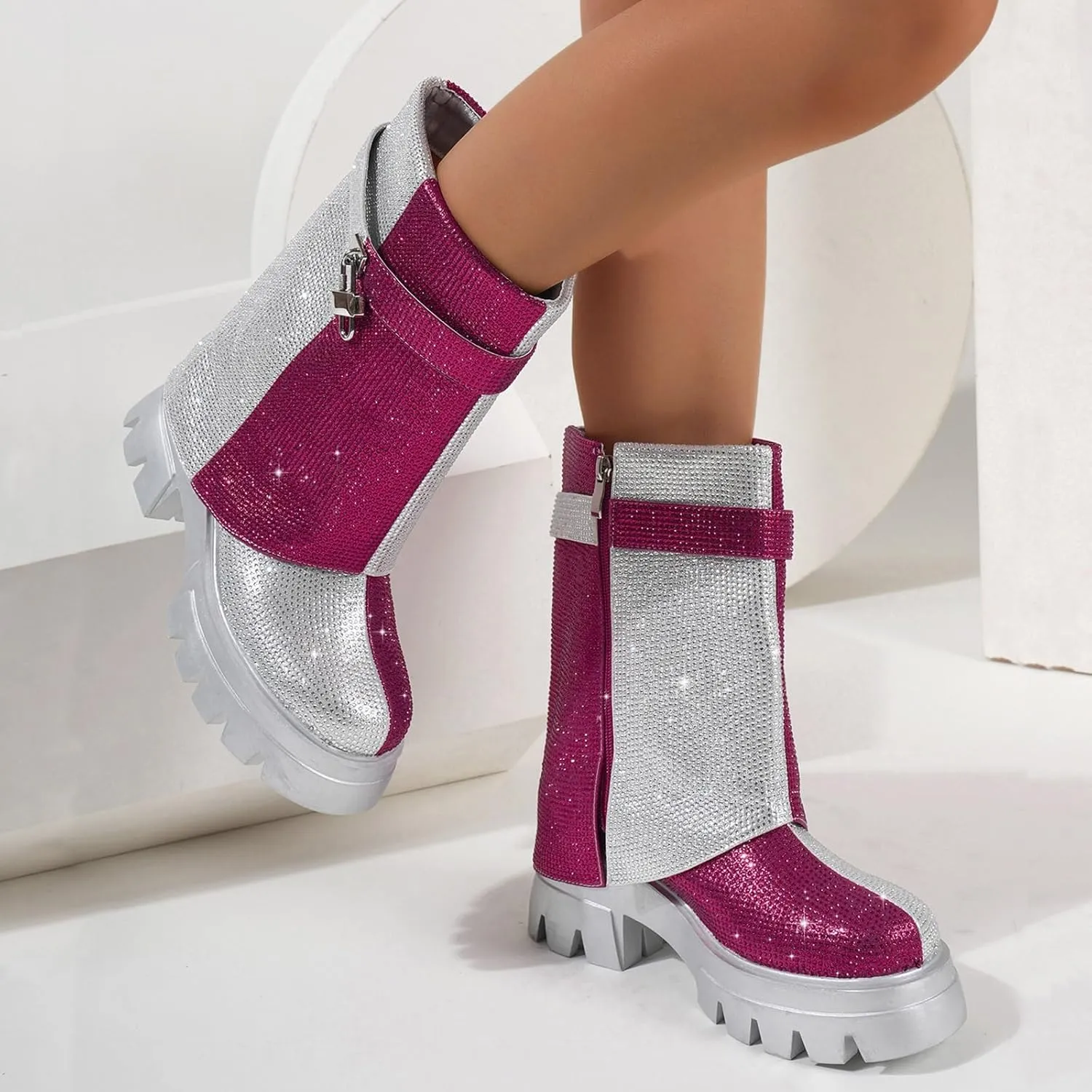 RKQ Zebra platform combat boots for women Low Chunky Heel Adjustable Lace-Up Vamp Inside Zipper Mid Calf Boots Fashion Party Daily Wear leisure Lug Sole Boots