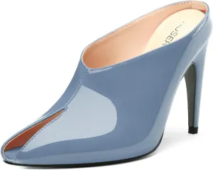 ROSERWISH Heeled Mules for Woman High Heel Mules Slip on Casual Slide Mules Square Toe Stiletto Heels Patent Comfortable Fashion Dress Shoes