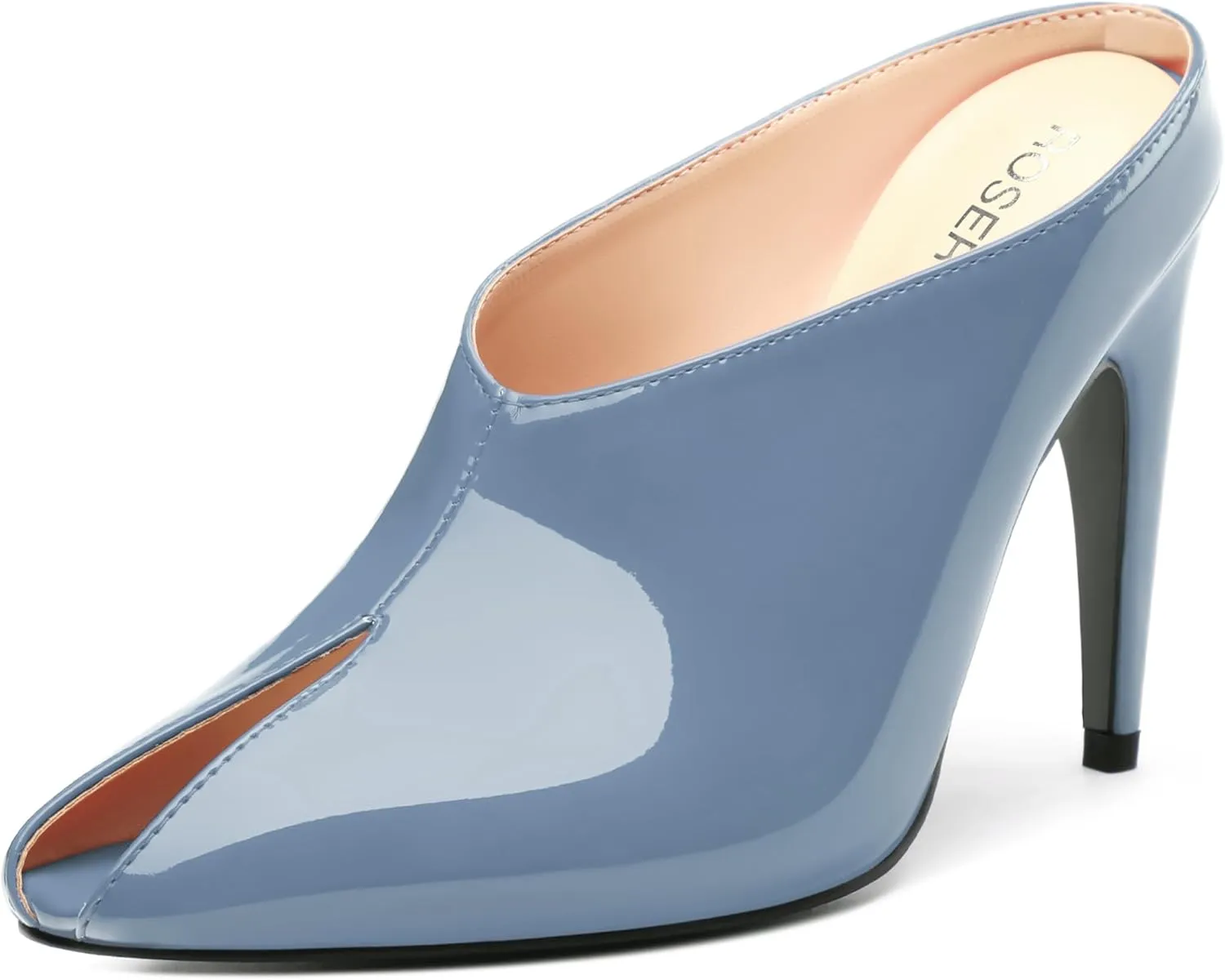 ROSERWISH Heeled Mules for Woman High Heel Mules Slip on Casual Slide Mules Square Toe Stiletto Heels Patent Comfortable Fashion Dress Shoes